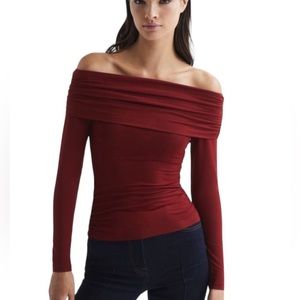 Reiss Hudson Off Shoulder Jersey knit Long Sleeve Top Wine Size S